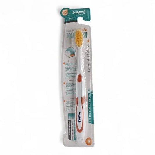 Brosse à dents Longrich pour adultes dans son emballage individuel sur fond blanc