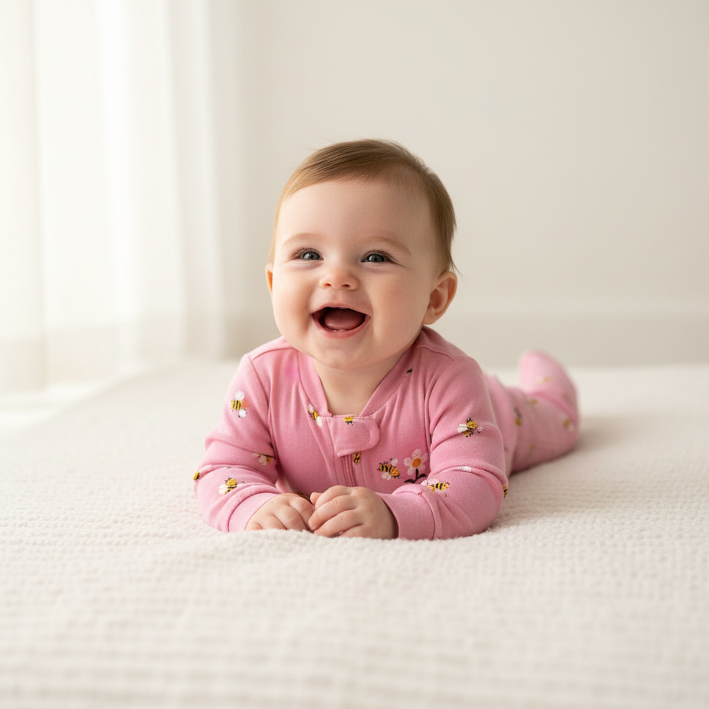 Bébé fille 3 mois portant le pyjama Pekkle rose abeilles