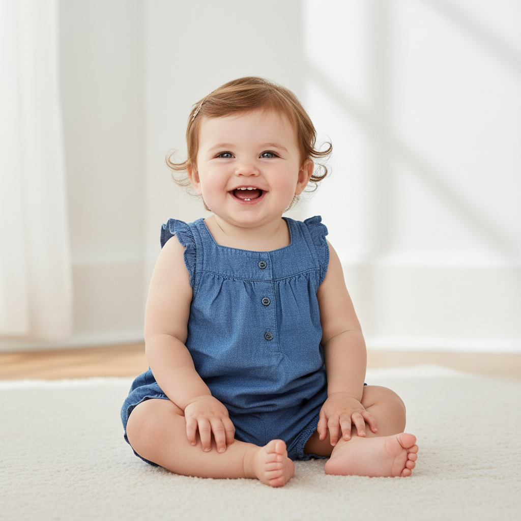 Bébé fille 6 mois portant l'ensemble Carter's bleu chambray