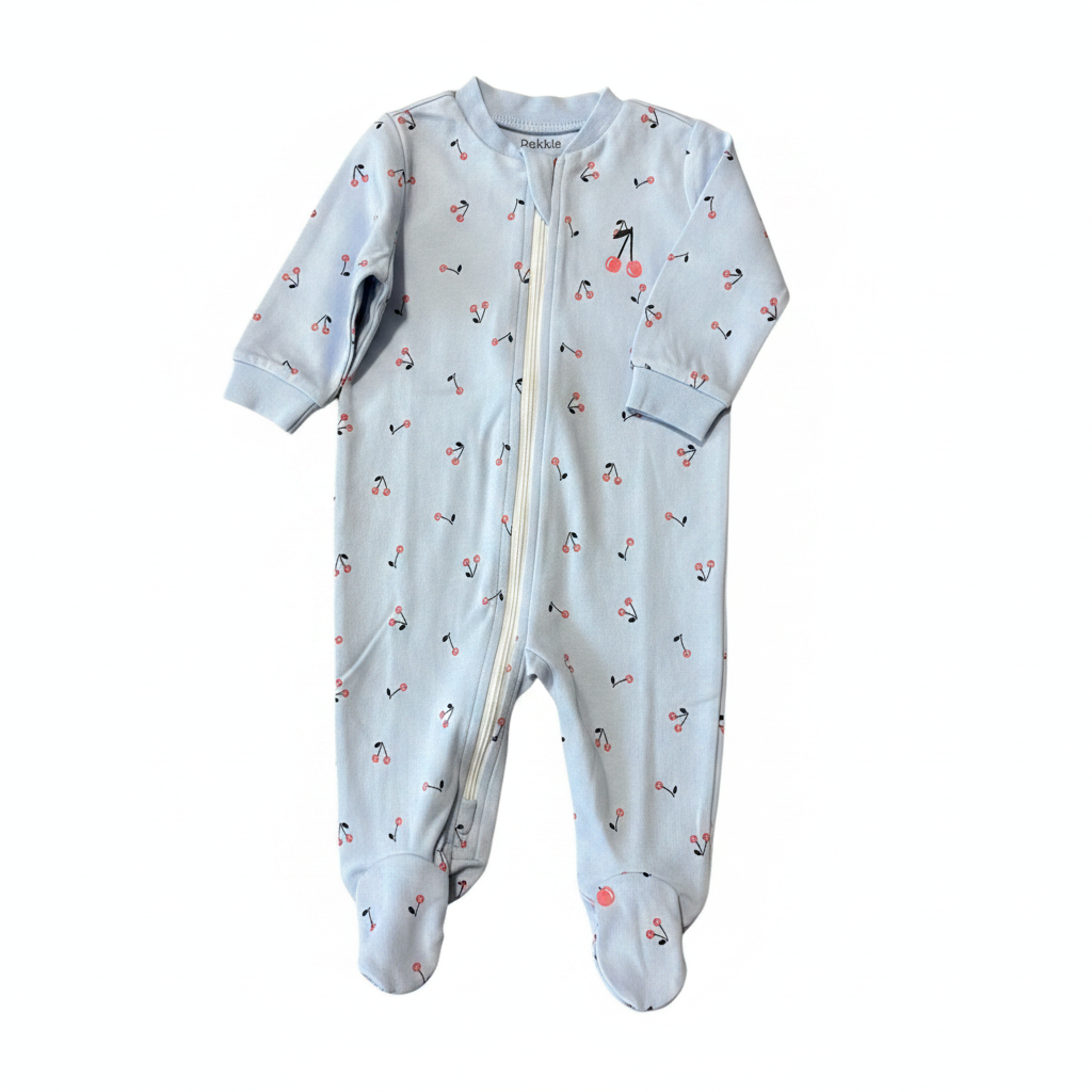 Pyjama bleu ciel Pekkle bébé fille 3 mois imprimé cerises flamants